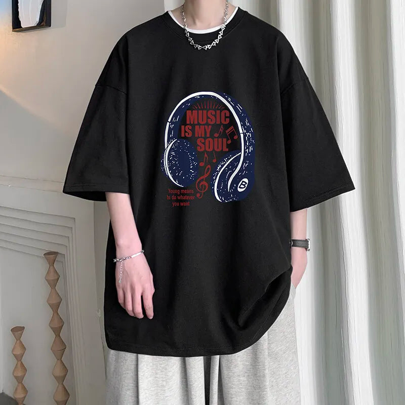 YICKYUE  -  Men's Cotton T-shirts White Men Oversized T Shirt Music Letter Print Summer Casual Wear 5XL Tee Shirts Big Size Male Clothes