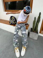 Hearujoy American-style ripped embroidered denim trousers men's and women's fashion same style loose straight trendy fashion trousers ins