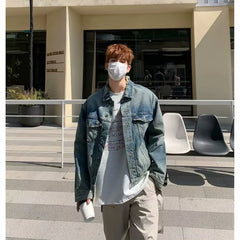 HEARUJOY  -  High Street Washed Denim Jacket Mens Trends New Spring Streetwear Single Breasted Casual Hip Hop Coats Loose Cowboy Outwear