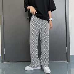Hearujoy Summer Pleated Pants Men Fashion Casual Plaid Pants Men Streetwear Korean Loose Straight Ice Silk Pants Mens Plus Size Trousers