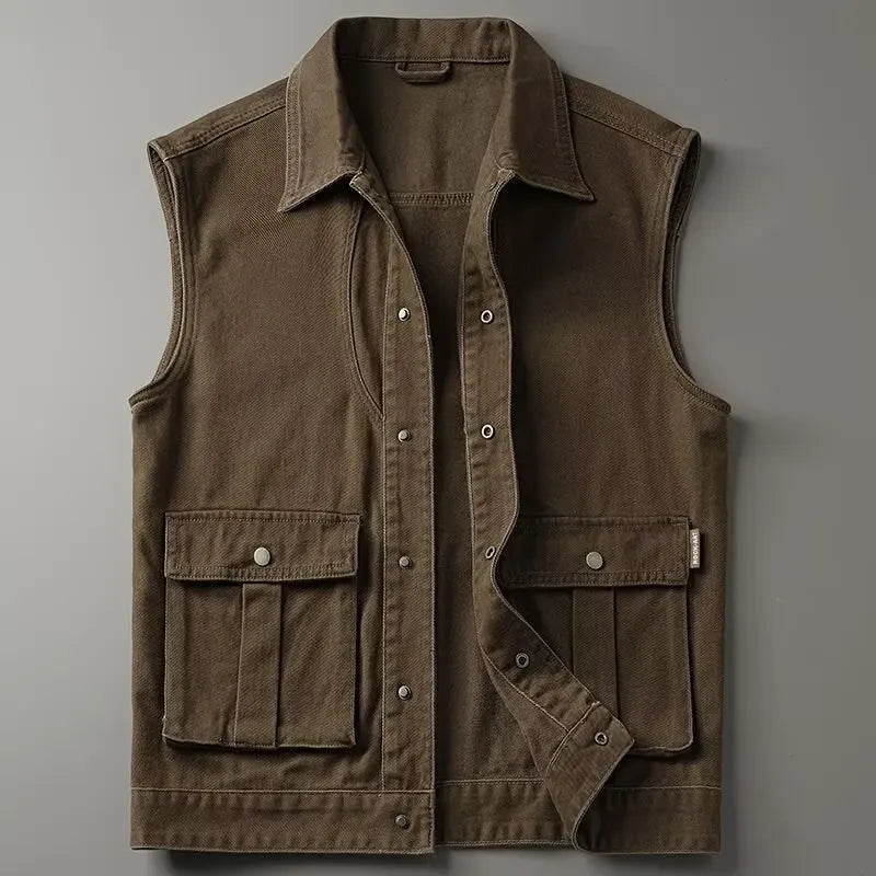 YICKYUE  -  Vintage Dark Brown Vest Coat Men Spring Autumn Outdoor Fishing Tank Top Casual Large Pocket Cargo Sleeveless Jacket Waistcoat