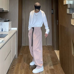 Hearujoy Men's Retro Solid Color Belt Wide-Leg Overalls American Street Hip-Hop Casual Trend Loose Comfortable Simple Straight Trousers