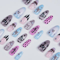 YICKYUE  -  30pcs 3D Buttons Decor Press On Nails Wearable Fake Y2k Nails Bowknot Heart Pearl Almond Tips Elegant Manicure For Fashion Party