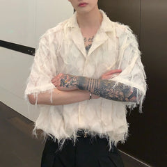 Hearujoy Men Shirt Solid Tassel Transparent Lapel Short Sleeve Casual Tops Summer Streetwear Korean Sexy Shirts Fringe LGBT Unisex Blouse