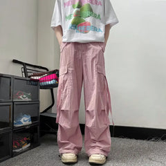 HEARUJOY  -  Black Cargo Pants for Men Overalls Cargo Trousers Male Pink Autumn Loose Casual Streetwear Hip Hop Pocket Oversize Straight