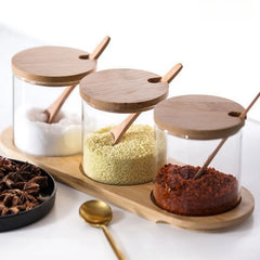 YICKYUE  -  3Pcs Condiment Jars Set Clear Glass Bamboo Lid Spice Jar with Spoon Kitchen Sugar Salt Spices Storage Box Household Container