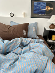 YICKYUE  -  Washed Cotton Stripe Mix Matching Bloggers Style Bedding Set Pure Cotton Three Piece Duvet Cover Student Four Piece Sheet Set