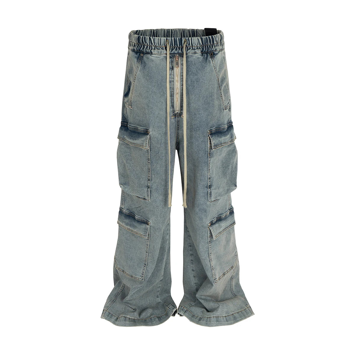 Hearujoy Multi-pockets Wide Leg Ribbons Jeans Pants for Men and Women Streetwear Baggy Denim Trousers Oversized Straight Cargos