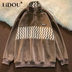 HEARUJOY  -  Spring Autumn Patchwork Fashion Plaid Y2K Sweatshirts Man Half Zip Harajuku Pullover Tops Oversized Chic Streetwear Male Clothes