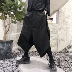 Hearujoy Mens Dark Style Casual Irregular Cropped Pants 2024 New Genderless Trendy Personalized Solid Color Loose Wide Leg Pants Unisex