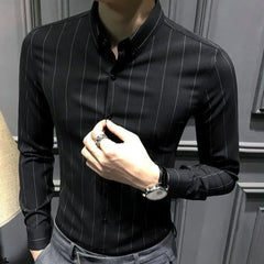 HEARUJOY  -  Trendy Handsome Men's Shirt Long Sleeve Non Iron New Casual Korean Vertical Stripe Slim Fit Black Business