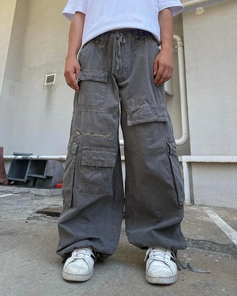 Hearujoy Hip hop casual Y2k high-waisted jeans Men street fashion elastic waisted pants Retro trend Harajuku couple loose cargo pants
