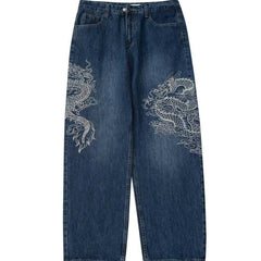 Hearujoy Gothic dragon pattern embroidery design high waist jeans men y2k street baggy jeans men high street hip hop casual jean