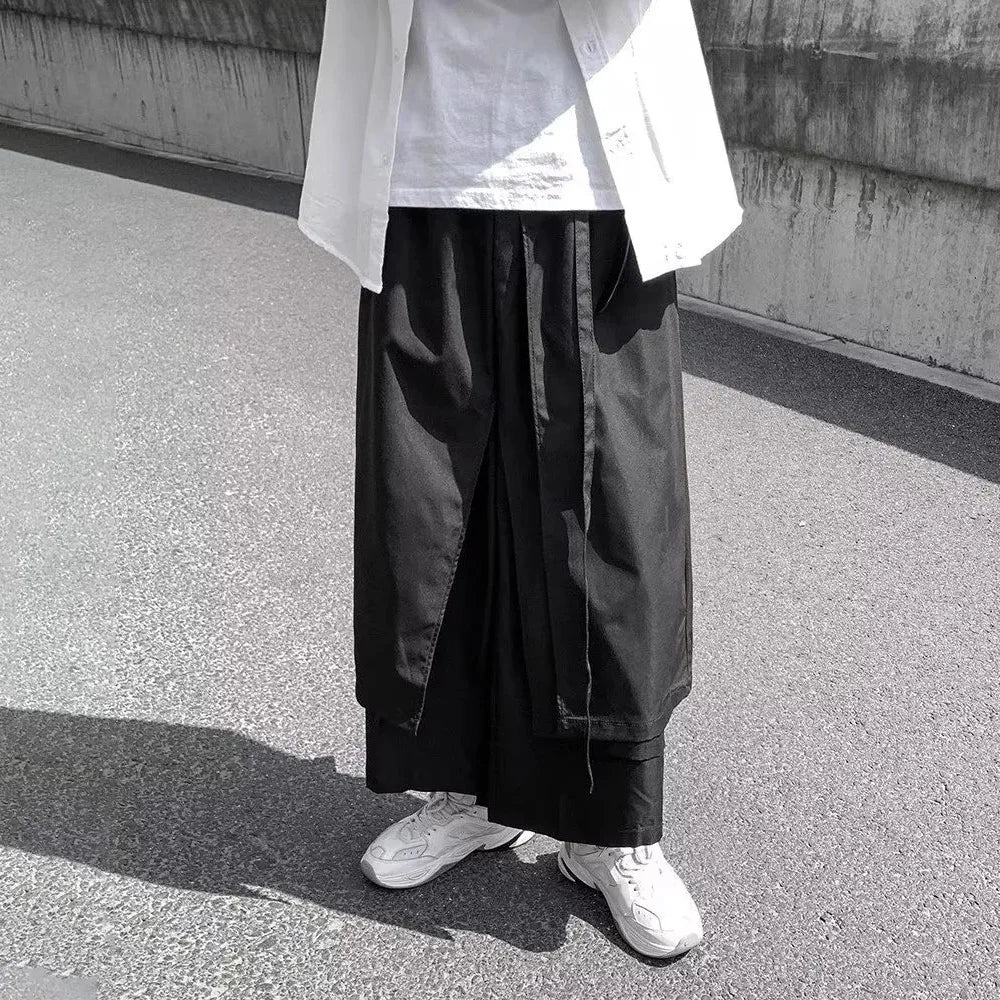 HEARUJOY  -  Dark Skirt Pants Japanese Retro Double-Layer Casual Samurai Pant Hakama Genderless Streetwear Fashion Wide-Leg Pants Unisex 2025