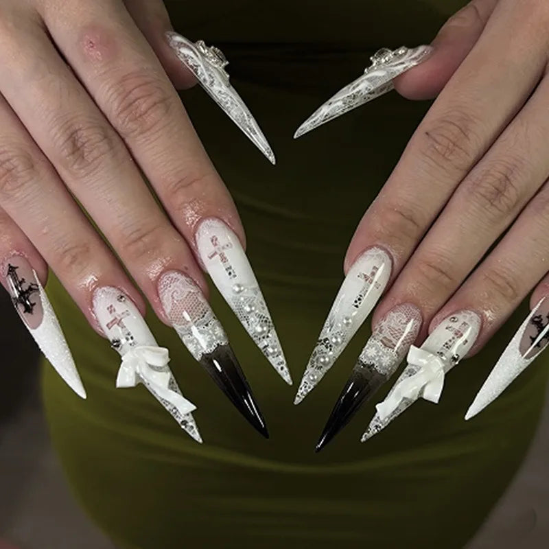 YICKYUE  -  New 24pcs Gothic White Lace Print Black French 3D Bow Pearl Long Nail False Detachable&Wearable Press on Nails for Women&Girls