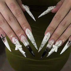 YICKYUE  -  New 24pcs Gothic White Lace Print Black French 3D Bow Pearl Long Nail False Detachable&Wearable Press on Nails for Women&Girls