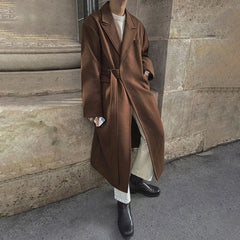 Hearujoy Mens Autumn Winter Mid-Length Thick Woolen Coat Essential Retro Elegant Korean Trendy Loose Strappy Windbreaker Woolen Coat
