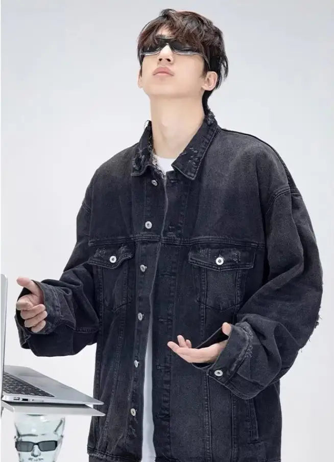 HEARUJOY  -  High Street Washed Denim Jacket Mens Trends New Spring Streetwear Single Breasted Casual Hip Hop Coats Loose Cowboy Outwear
