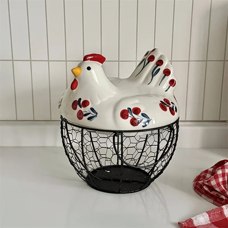 YICKYUE  -  1pc Farmhouse Hen-Shaped Ceramic Egg Baske -Ceramic Egg Holder with Lid,Rustic Kitchen Organizer for Fruits/Veggies