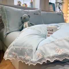 YICKYUE  -  3/4Pcs Bedding Set Euro Summer Cooling Tencel Pre-Washed Silk Blue Butterfly Lace Trim Luxury Duvet Cover Includes Pillowcase