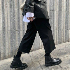 Hearujoy Mens Dark Style Casual Wide Leg Cropped Pants 2024 New Genderless Fashion Versatile Thin Retro Solid Color Suit Pants Unisex