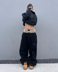 Hearujoy Street Harajuku Y2K Leaf Camouflage Double Cuff Sports Pants Women's Summer American Trendy Hip-Hop Low-Waist Casual Pants