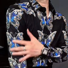 HEARUJOY  -  Men's Heavy Embroidered Rhinestone Elastic Luxury Butterfly Print Anti-Wrinkle Slim Fit Shirt