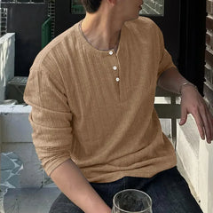 HEARUJOY  -  Men T Shirt Solid Color O-neck Long Sleeve Knitted Loose Tee Tops Streetwear Fashion Casual Korean Men Clothing