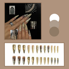 YICKYUE  -  24pcs Long Stiletto Press On Nails Skeleton Bone Texture Halloween Series False Nails French Style Party Wearable Fake Nail