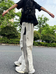 HEARUJOY  -  Spring Summer Men's Workwear Pants Loose Straight Leg Spor Casual Trousers High Street Trend Tee Stripe Leisure Trousers
