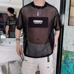 Hearujoy Summer Korean Version Of The Trendy Grid Hollow Printing Short-Sleeved Trendy Men's Fashion All-match Personality Half-Sleeves