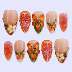 YICKYUE  -  24pcs 3D French Carved Flowers Press on Nails Handmade False Nails for Women&Girls High Quality Summer New Nail Tips 네일팁