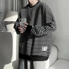 Hearujoy Long Sleeved T-shirt Men's Hong Kong Style Trend Ins Loose T-shirt Striped Sweatshirt Base Shirt Men's Top Coat
