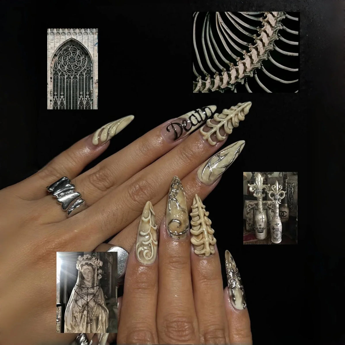 YICKYUE  -  24pcs Long Stiletto Press On Nails Skeleton Bone Texture Halloween Series False Nails French Style Party Wearable Fake Nail