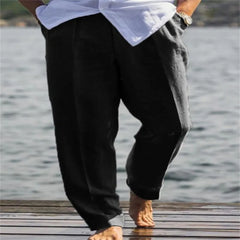 YICKYUE  -  Men's Linen Blend Loose Fit Trousers, Casual Solid Color Breathable Outdoor Pants with Slant Pockets