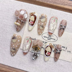 YICKYUE  -  New Heavy Industry Cartoon Short Press on Nails Cute False Nails with Squirrel Relief Sculpture Handmade Nail Tips 네일팁