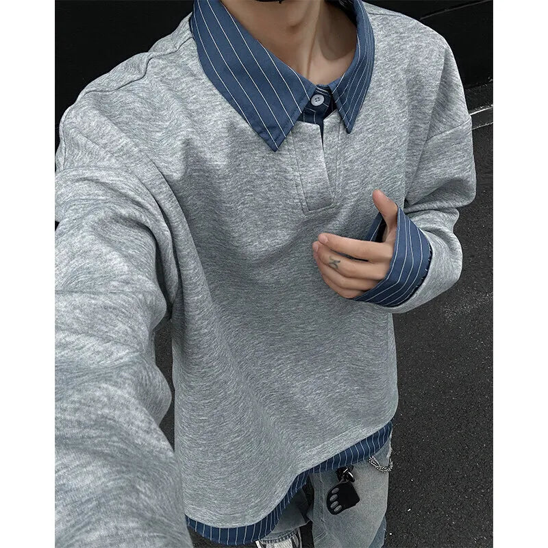 HEARUJOY  -  Black Grey Lapel Hoodie Men Fashion Striped Sweatshirt Men Streetwear Korean Loose Pullover Hoodie Mens Hoody Large Size 4XL