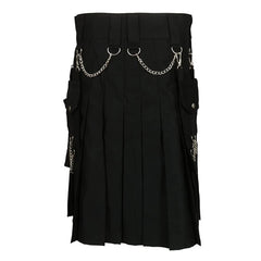 Hearujoy Summer Fashion Utility Kilt with Silver Chains Black Skirt Men's Scottish Festival Skirts Punk Rock Metal Pendant Pleated Skirt