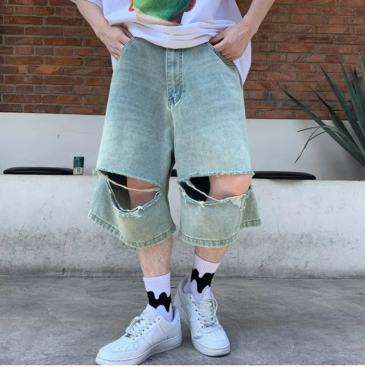 Hearujoy 2024 Men Summer Fashion Vintage Loose Wide Leg Jeans Male Streetwear Knee Length Pants Male Casual Ripped Denim Shorts F38