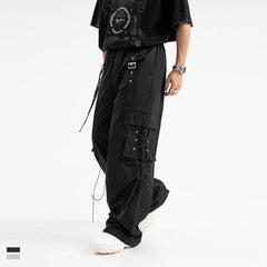 Hearujoy Techwear Cargo Pants Men Hip Hop Punk Black Trousers Male Darkwear Zipper Gray Loose Casual Streetwear Ribbon Cotton