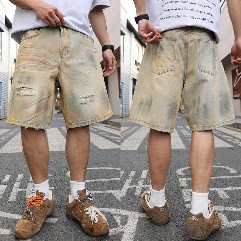 HEARUJOY  -  Yellow mud-dyed, washed and worn-out holes straight denim cropped pants. Retro men's summer straight thin shorts are fashionable
