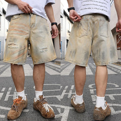 HEARUJOY  -  Yellow mud-dyed, washed and worn-out holes straight denim cropped pants. Retro men's summer straight thin shorts are fashionable