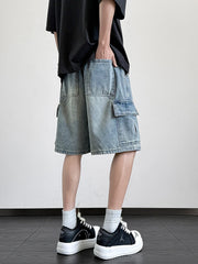 HEARUJOY  -  Summer Denim Shorts Men Korean Fashion Wide Leg Straight Jean Short Male Multi-Pocket Loose Fit Denim Cargo Shorts