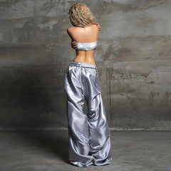 Hearujoy High Street Babes Silver Satin Print Casual Loose Cargo Pants Women Hip Hop Goth Joggers Women Straight Wide Leg Sweatpants