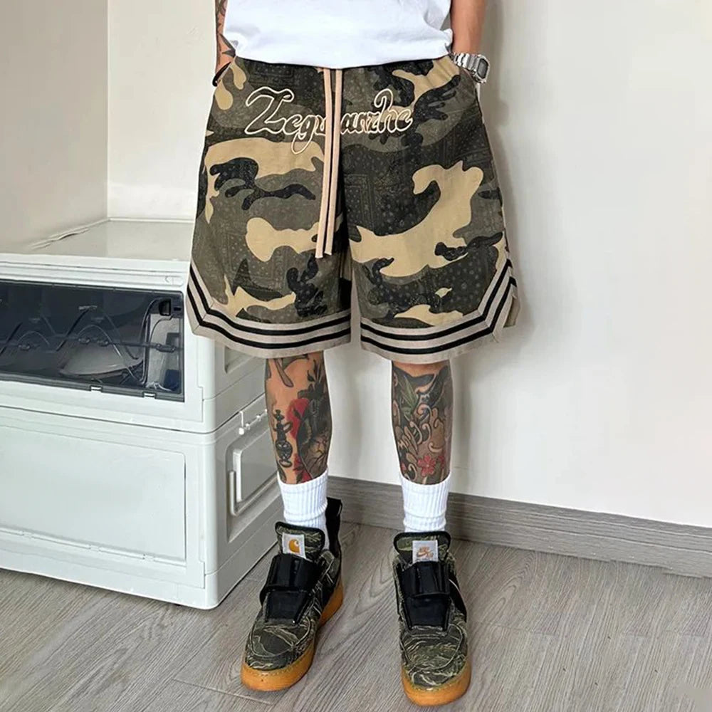 Hearujoy Summer Genderless Unique Camouflage Casual Cargo Shorts Unisex American High Street Fashion Outdoor Loose Five-Quarter Pants