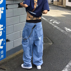 Hearujoy Jeans Y2K Mens Baggy Denim Cargo Trousers Stylish American Vintage Light Wash Streetwear Pockets Urban Fashion Men's Clothing