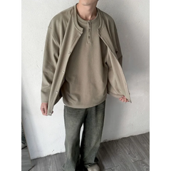 HEARUJOY  -  Autumn New Style Lazy Style Minimalist Casual Loose Fake Two Piece Hoodie Cardigan Men Solid Color Henley Neck Top Jacket