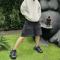 Hearujoy Vintage Ripped Damaged Black Cargo Shorts for Men High Street Wide Leg Baggy Overalls Distressed Summer Knee Length Pants