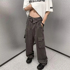 Hearujoy Wide Leg Cargo Pants Men Gray Casual Cargo Trousers Male Loose Streetwear Hip Hop Pocket Safari Style Men Clothing