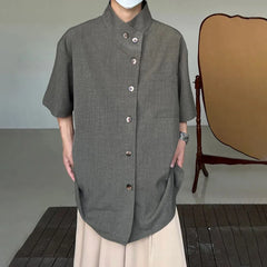 Hearujoy Autumn Mens French High-End Solid Color Short-Sleeved Stand-Up Collar Shirt Niche Design Simple And Chic Street Lgbt Button Top